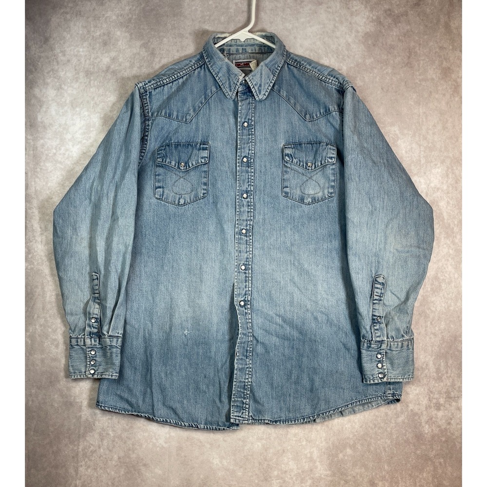 VINTAGE Big Mac Denim Shirt Mens 2XL Blue Long Sleeve Pearl Snap Faded 70s USA